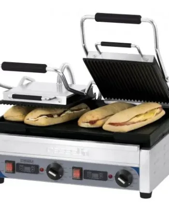 Dobbelt Premium Rillet Panini Grill Glat Med Timer
