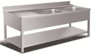 Bord Rustfri Stål Med Vaske Hylde Samt Fri Bordplads Til Venstre For Vaskene Dybde 600mm 1800 600 850 Mm