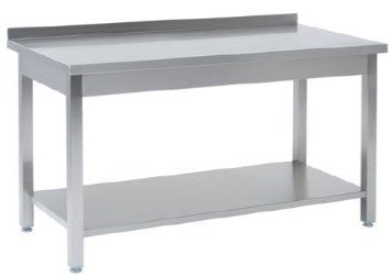 Tysk Produceret Arbejdsbord Fuldsvejset Rustfri Stål Med Bagkant Samt Hylde 600mm 900 600 850 Mm