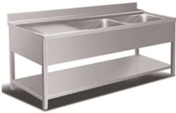 Bord   Rustfri Stål  Med   Vaske  Hylde Samt Fri Bordplads Til Venstre For Vaskene Dybde 700mm   1400     700     850 Mm