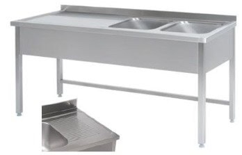 Bord   Rustfri Stål  Med   Vaske Samt Fri Bordplads Til Venstre For Vaskene Dybde 700mm   1900     700     850 Mm