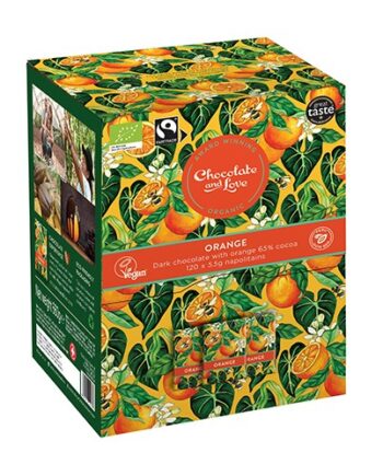 Orange Dispenser Box  120     5g Chokolader  økologisk Mørk Chokolade 660 Gram Chocolate And Love