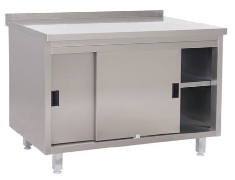 Tysk Produceret Arbejdsbord Fuldsvejset Rustfri Stål Med Bagkant Samt Hylder Skydelåger 600mm 1500 600 850 Mm