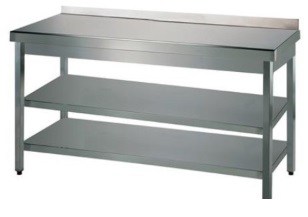 Tysk Produceret Arbejdsbord   Fuldsvejset Rustfri Stål Med Bagkant Samt   Hylder  700mm   1200     700     850 Mm