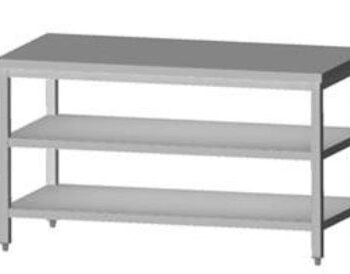 Tysk Produceret Arbejdsbord   Fuldsvejset Rustfri Stål Uden Bagkant Samt   Hylder   600mm   1100     600     850 Mm